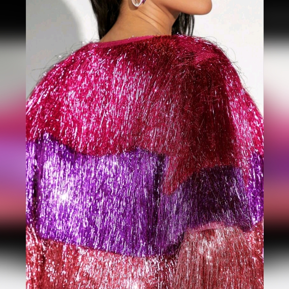 Colorblock Metallic Fringe Open Coat - Picture 4 of 6